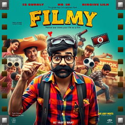 A vibrant cinematic comedy film poster titled 'FILMY' featuring a 27-year-old Indian man with a whimsical expression, showcasing his over-the-top, dramatic gestures that hint at his mental issue where he views his life as a film