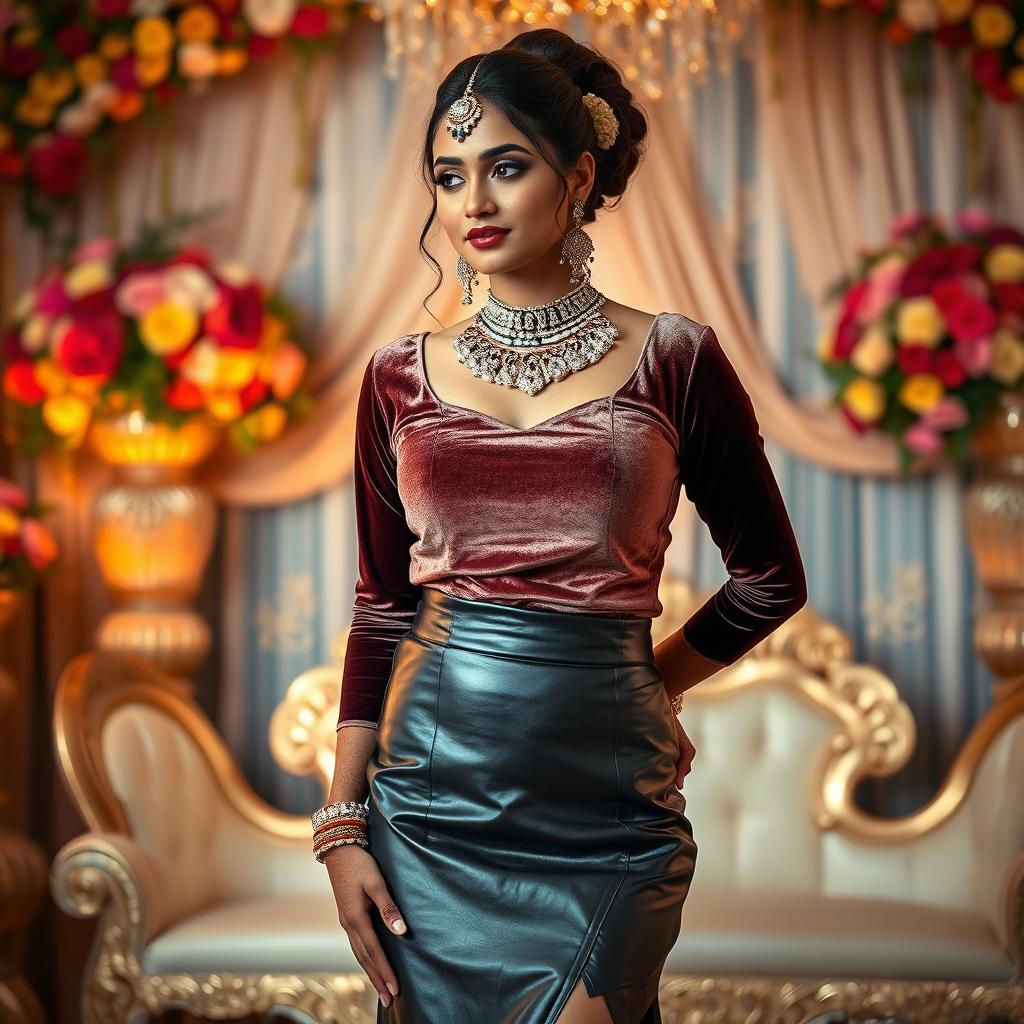 An exquisite Indian bride adorned with stunning bridal makeup, showcasing a unique fashion fusion of a luxurious velvet top and a fashionable leather skirt