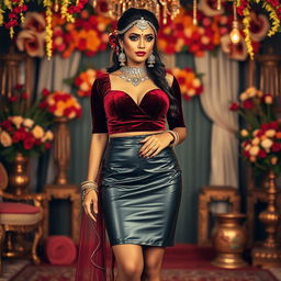 An exquisite Indian bride adorned with stunning bridal makeup, showcasing a unique fashion fusion of a luxurious velvet top and a fashionable leather skirt