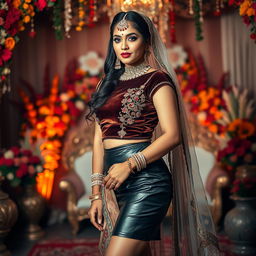 An exquisite Indian bride adorned with stunning bridal makeup, showcasing a unique fashion fusion of a luxurious velvet top and a fashionable leather skirt