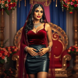 An exquisite Indian bride adorned with stunning bridal makeup, showcasing a unique fashion fusion of a luxurious velvet top and a fashionable leather skirt