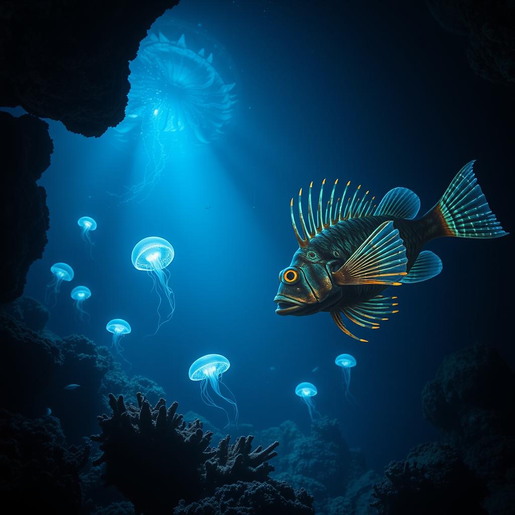 A mesmerizing underwater scene depicting the deep ocean abyss, showcasing bioluminescent creatures illuminating the darkness