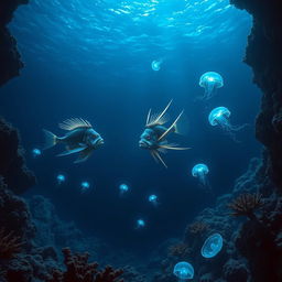 A mesmerizing underwater scene depicting the deep ocean abyss, showcasing bioluminescent creatures illuminating the darkness