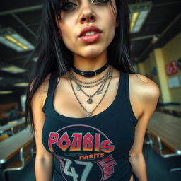 A striking close-up shot focusing on a gorgeous female with long black hair, wearing a faded colorful band logo black tank top that hugs her figure