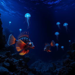 A mesmerizing underwater scene depicting the deep ocean abyss, showcasing bioluminescent creatures illuminating the darkness