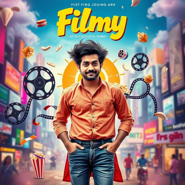 A vibrant and colorful cinematic comedy film poster titled 'Filmy'