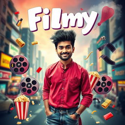 A vibrant and colorful cinematic comedy film poster titled 'Filmy'