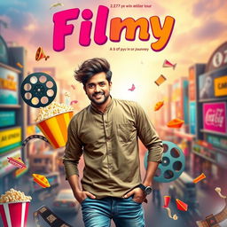 A vibrant and colorful cinematic comedy film poster titled 'Filmy'