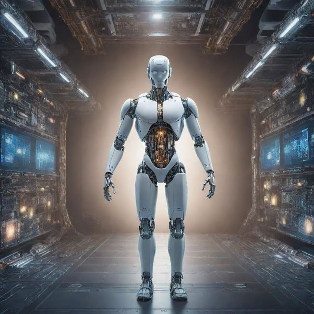 Depiction of the highest level of human technology, showcasing advanced robotics, AI integration, quantum computing, nanotech applications, and space exploration capabilities