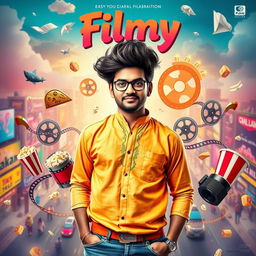 A vibrant and colorful cinematic comedy film poster titled 'Filmy'