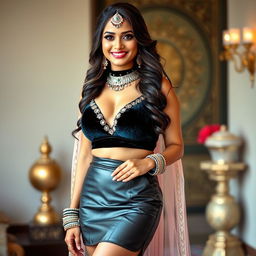 A stunning Indian bride showcasing elegant bridal makeup, wearing a fashionable leather skirt that accentuates her figure and paired with a luxurious velvet top