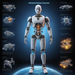 Depiction of the highest level of human technology, showcasing advanced robotics, AI integration, quantum computing, nanotech applications, and space exploration capabilities