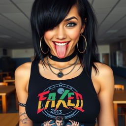 A close-up shot of a gorgeous female with striking black hair, wearing a black tank top featuring a faded colorful band logo