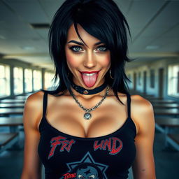 A captivating close-up shot of a gorgeous female with striking black hair, wearing a black tank top featuring a faded, colorful band logo