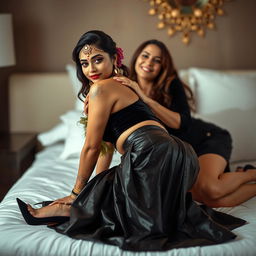 An alluring scene featuring an Indian bride in exquisite bridal makeup, lying on a bed wearing a stylish leather skirt and a luxurious velvet top