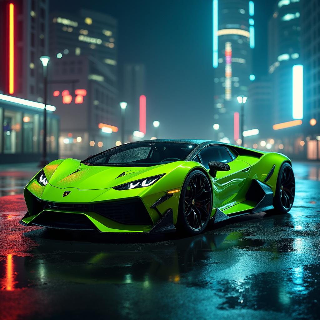 The Lamborghini Lanzador, a cutting-edge concept car, features a striking design with sharp lines and a sleek silhouette, presented in a vibrant lime green color