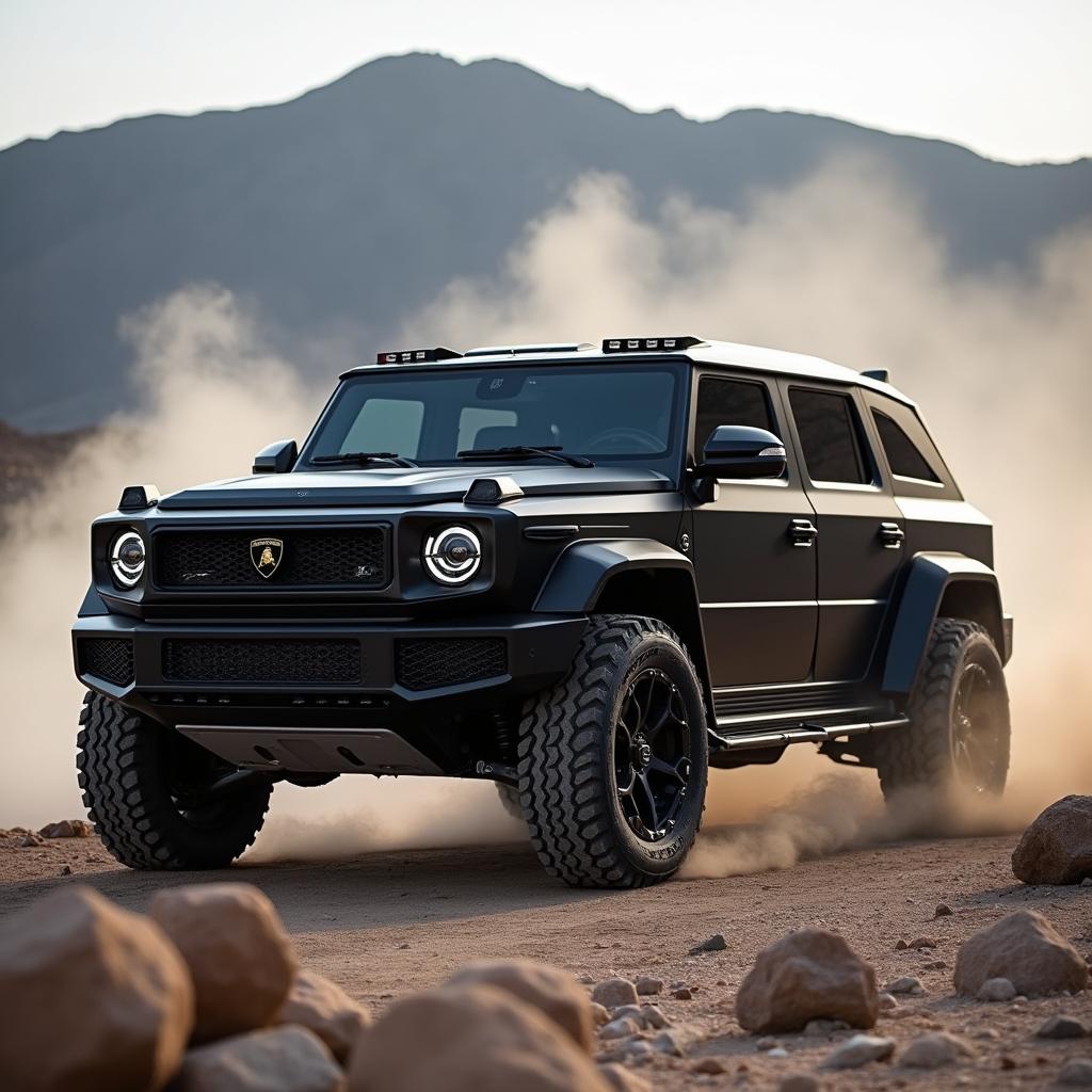 A striking Lamborghini LM003, featuring its robust and muscular design characteristic of the Lamborghini off-road vehicles