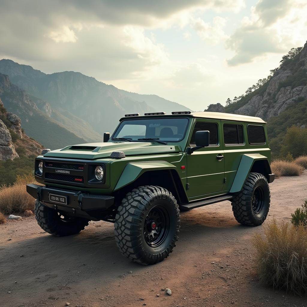 A Lamborghini LM004, an off-road classic SUV, set against a stunning backdrop of rugged mountain terrain