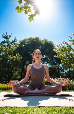 A serene and peaceful scene depicting a person practicing yoga meditation in a tranquil setting