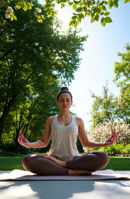 A serene and peaceful scene depicting a person practicing yoga meditation in a tranquil setting