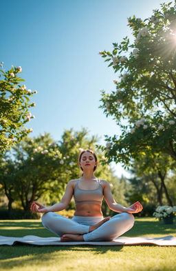 A serene and peaceful scene depicting a person practicing yoga meditation in a tranquil setting