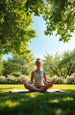 A serene and peaceful scene depicting a person practicing yoga meditation in a tranquil setting