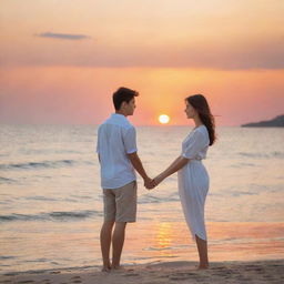 A romantic scene of love between a girl and a boy by the sea, emphasizing tender moments, gentle sea breeze, and a stunning sunset backdrop