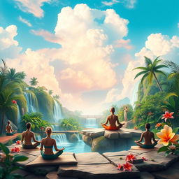 A captivating book cover design featuring yogis meditating peacefully, surrounded by a heavenly paradise