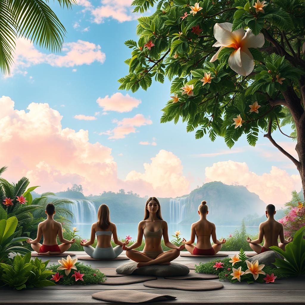 A captivating book cover design featuring yogis meditating peacefully, surrounded by a heavenly paradise