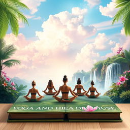 A captivating book cover design featuring yogis meditating peacefully, surrounded by a heavenly paradise