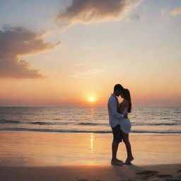 A romantic scene of love between a girl and a boy by the sea, emphasizing tender moments, gentle sea breeze, and a stunning sunset backdrop