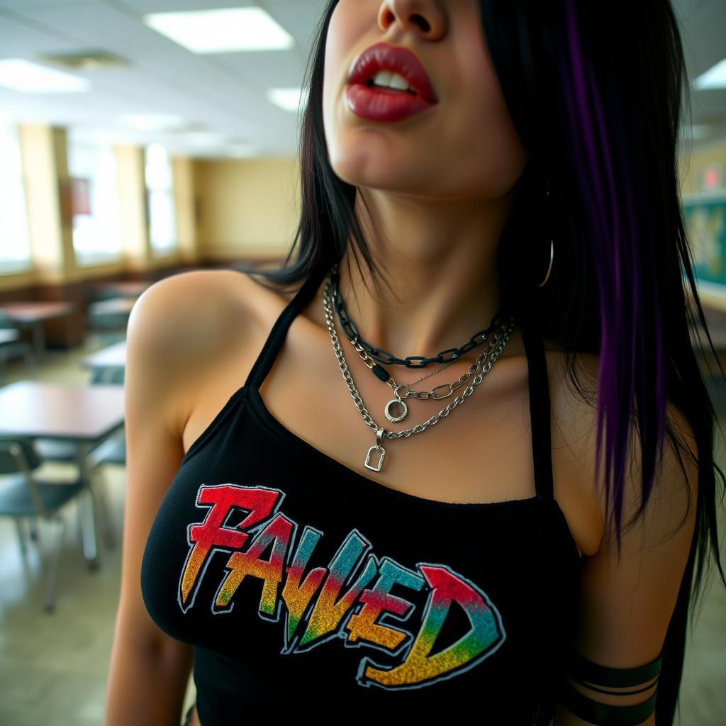 A close-up shot focusing on a gorgeous female with long black hair featuring a purple stripe, wearing a black tank top adorned with a faded colorful band logo