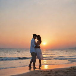 A romantic scene of love between a girl and a boy by the sea, emphasizing tender moments, gentle sea breeze, and a stunning sunset backdrop