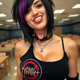 A close-up shot of a gorgeous female with striking black hair featuring a vibrant purple stripe