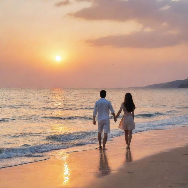 A romantic scene of love between a girl and a boy by the sea, emphasizing tender moments, gentle sea breeze, and a stunning sunset backdrop