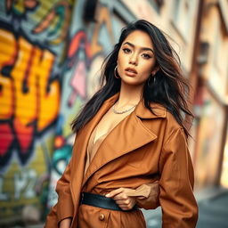 A beautifully styled photograph focusing on artistic fashion design featuring a model in a stylish outfit that is trendy and fashionable, with an emphasis on the details of fabric and fit