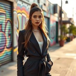 A beautifully styled photograph focusing on artistic fashion design featuring a model in a stylish outfit that is trendy and fashionable, with an emphasis on the details of fabric and fit