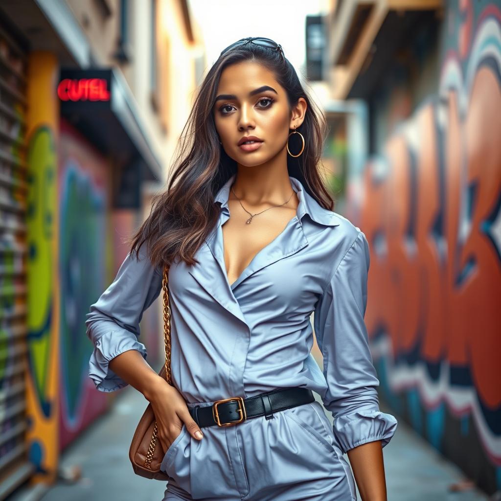 A beautifully styled photograph focusing on artistic fashion design featuring a model in a stylish outfit that is trendy and fashionable, with an emphasis on the details of fabric and fit