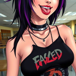 A close-up shot focusing on the chest and torso of a gorgeous female character with striking black hair featuring a vibrant purple stripe