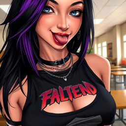 A close-up shot focusing on the chest and torso of a gorgeous female character with striking black hair featuring a vibrant purple stripe