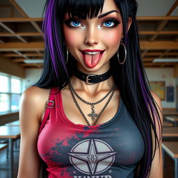 A close-up shot of a stunning female character with long black hair featuring a striking purple stripe