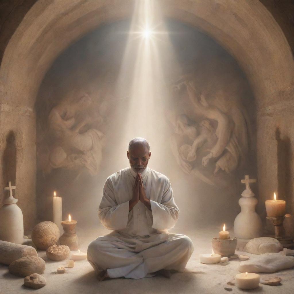 A deeply spiritual scene illustrating the love for God, featuring an individual in prayer, enraptured in divine connection, surrounded by symbols of faith and tranquility