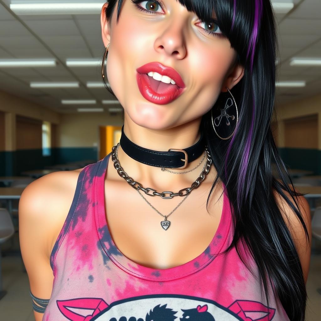 Close-up shot of a gorgeous female with black hair featuring a purple stripe, wearing a faded colorful tank top with a band logo