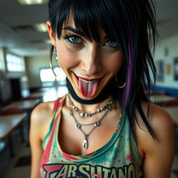 Close-up shot of a gorgeous female with black hair featuring a purple stripe, wearing a faded colorful tank top with a band logo