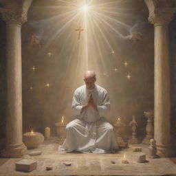 A deeply spiritual scene illustrating the love for God, featuring an individual in prayer, enraptured in divine connection, surrounded by symbols of faith and tranquility