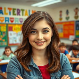 A young female teacher with plump lips and brown hair, confidently leading a classroom lesson