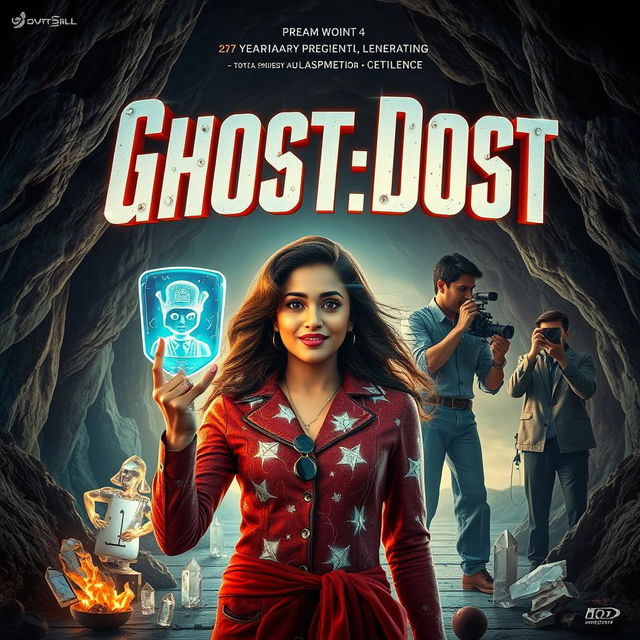 A visually stunning and humorous cinematic sci-fi film poster titled 'Ghost:Dost'