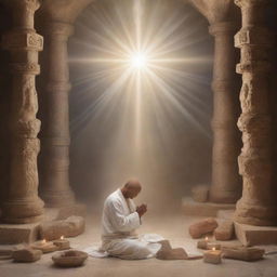 A deeply spiritual scene illustrating the love for God, featuring an individual in prayer, enraptured in divine connection, surrounded by symbols of faith and tranquility