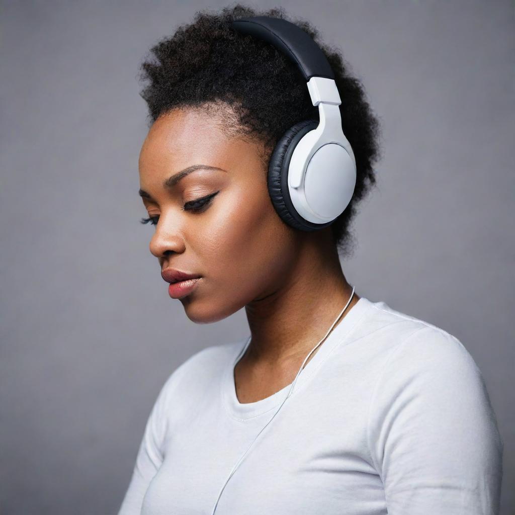 A talented African-American singer wearing modern headphones, deeply absorbed in the rhythm of the music