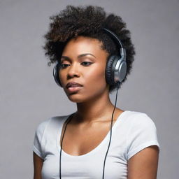 A talented African-American singer wearing modern headphones, deeply absorbed in the rhythm of the music